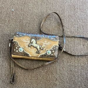 NWOT Western Horse Crossbody Wallet Tooled Faux Leather Turquoise Concho